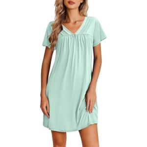 image:imageEkouaer Nightgowns for Women V Neck Sleepshirt Short Sleeve Nightdress Lace Trim Night Gown House Dress with PocketsLight Green