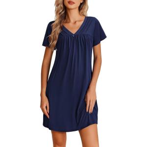 image:imageEkouaer Nightgowns for Women V Neck Sleepshirt Short Sleeve Nightdress Lace Trim Night Gown House Dress with PocketsNavy Blue