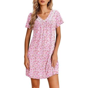 image:imageEkouaer Nightgowns for Women V Neck Sleepshirt Short Sleeve Nightdress Lace Trim Night Gown House Dress with PocketsPink Floral