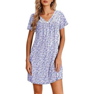 image:imageEkouaer Nightgowns for Women V Neck Sleepshirt Short Sleeve Nightdress Lace Trim Night Gown House Dress with PocketsPurple Dots