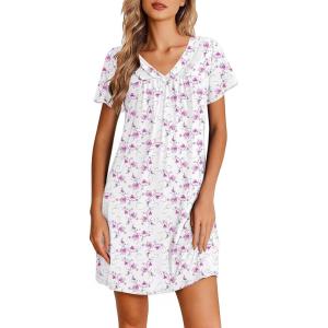 image:imageEkouaer Nightgowns for Women V Neck Sleepshirt Short Sleeve Nightdress Lace Trim Night Gown House Dress with PocketsPurple Floral