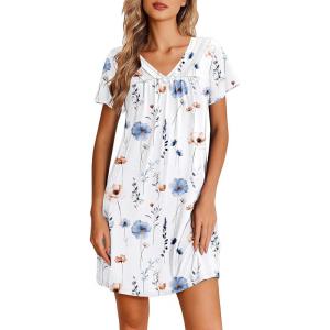 image:imageEkouaer Nightgowns for Women V Neck Sleepshirt Short Sleeve Nightdress Lace Trim Night Gown House Dress with PocketsWhite Flowers