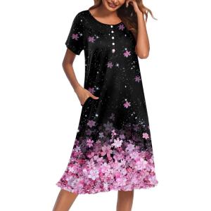 image:imageEkouaer Nightgowns for Women with Pockets Button Front Short Sleeve House Dresses Floral Print Mumu DressBlack Pink Floral