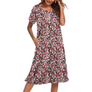 image:imageEkouaer Nightgowns for Women with Pockets Button Front Short Sleeve House Dresses Floral Print Mumu DressBlack Red Floral