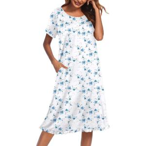 image:imageEkouaer Nightgowns for Women with Pockets Button Front Short Sleeve House Dresses Floral Print Mumu DressBlue Floral