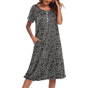 image:imageEkouaer Nightgowns for Women with Pockets Button Front Short Sleeve House Dresses Floral Print Mumu DressKhaki Leaf