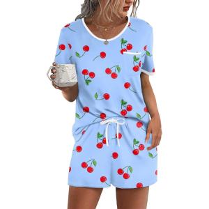 image:imageEkouaer Pajama Set for Women 2 Piece Lounge Set Short Sleeve Tops and Shorts Soft Sleepwear Chest PocketBluecherry