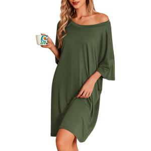 image:imageEkouaer Plus Size Nightgowns for Women Oversized Sleep Shirt Short Sleeve Nightshirt TShirt Dress Sleepwear S5XLArmy Green