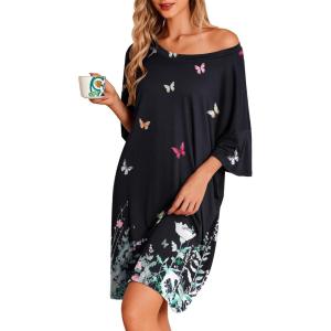 image:imageEkouaer Plus Size Nightgowns for Women Oversized Sleep Shirt Short Sleeve Nightshirt TShirt Dress Sleepwear S5XLBlack Butterfly