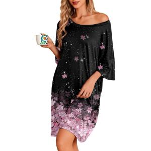 image:imageEkouaer Plus Size Nightgowns for Women Oversized Sleep Shirt Short Sleeve Nightshirt TShirt Dress Sleepwear S5XLBlack Flower