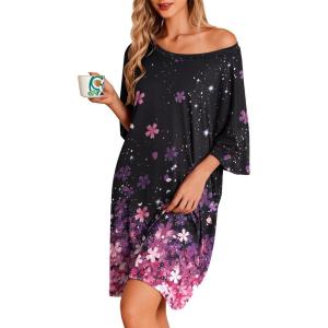 image:imageEkouaer Plus Size Nightgowns for Women Oversized Sleep Shirt Short Sleeve Nightshirt TShirt Dress Sleepwear S5XLBlack Sakura