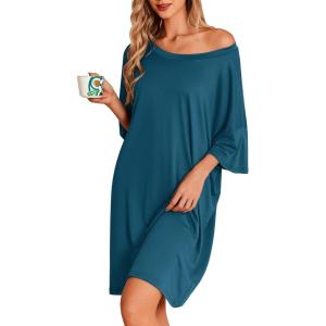 image:imageEkouaer Plus Size Nightgowns for Women Oversized Sleep Shirt Short Sleeve Nightshirt TShirt Dress Sleepwear S5XLBlue Green