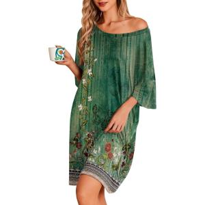 image:imageEkouaer Plus Size Nightgowns for Women Oversized Sleep Shirt Short Sleeve Nightshirt TShirt Dress Sleepwear S5XLGreen Flower