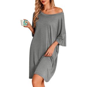image:imageEkouaer Plus Size Nightgowns for Women Oversized Sleep Shirt Short Sleeve Nightshirt TShirt Dress Sleepwear S5XLGrey