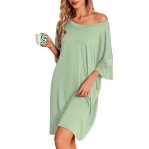 image:imageEkouaer Plus Size Nightgowns for Women Oversized Sleep Shirt Short Sleeve Nightshirt TShirt Dress Sleepwear S5XLLight Green