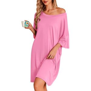 image:imageEkouaer Plus Size Nightgowns for Women Oversized Sleep Shirt Short Sleeve Nightshirt TShirt Dress Sleepwear S5XLPink