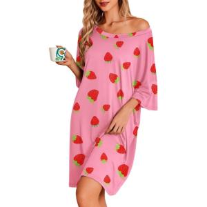 image:imageEkouaer Plus Size Nightgowns for Women Oversized Sleep Shirt Short Sleeve Nightshirt TShirt Dress Sleepwear S5XLPink Strawberry