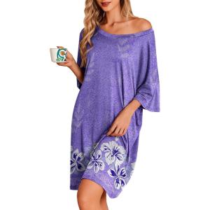 image:imageEkouaer Plus Size Nightgowns for Women Oversized Sleep Shirt Short Sleeve Nightshirt TShirt Dress Sleepwear S5XLPurple Flower