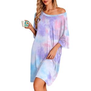 image:imageEkouaer Plus Size Nightgowns for Women Oversized Sleep Shirt Short Sleeve Nightshirt TShirt Dress Sleepwear S5XLTie Dye