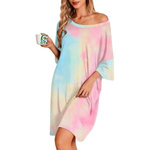 image:imageEkouaer Plus Size Nightgowns for Women Oversized Sleep Shirt Short Sleeve Nightshirt TShirt Dress Sleepwear S5XLTie Dye Pink