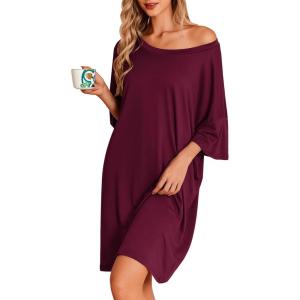 image:imageEkouaer Plus Size Nightgowns for Women Oversized Sleep Shirt Short Sleeve Nightshirt TShirt Dress Sleepwear S5XLWine Red