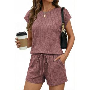 image:imageEkouaer Rompers for Women Summer Casual Cap Sleeve Crewneck Short Pants Jumpsuit Beach Vacation Outfit with Pockets SXXLBurgundy