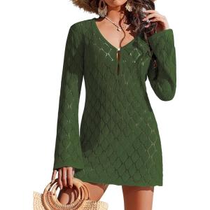 image:imageEkouaer Swimsuit Coverup for Women Crochet Beach Cover Up Hollow Out Long Sleeve Cover Ups 2026 Summer Vacation OutfitsArmy Green