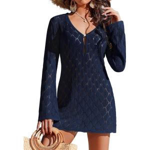 image:imageEkouaer Swimsuit Coverup for Women Crochet Beach Cover Up Hollow Out Long Sleeve Cover Ups 2026 Summer Vacation OutfitsNavy