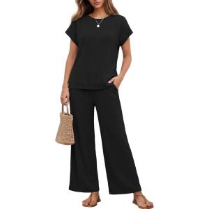 image:imageEkouaer Two Piece Sets for Women 2026 Travel Outfits Short Sleeve Top Wide Leg Pants Rib Tracksuits Summer Fashion Lounge SetBlack