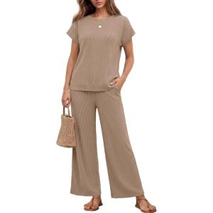 image:imageEkouaer Two Piece Sets for Women 2026 Travel Outfits Short Sleeve Top Wide Leg Pants Rib Tracksuits Summer Fashion Lounge SetBrown