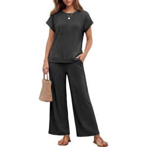image:imageEkouaer Two Piece Sets for Women 2026 Travel Outfits Short Sleeve Top Wide Leg Pants Rib Tracksuits Summer Fashion Lounge SetDark Grey