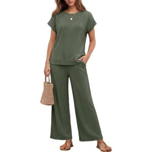 image:imageEkouaer Two Piece Sets for Women 2026 Travel Outfits Short Sleeve Top Wide Leg Pants Rib Tracksuits Summer Fashion Lounge SetDark Olive Green
