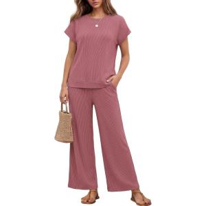 image:imageEkouaer Two Piece Sets for Women 2026 Travel Outfits Short Sleeve Top Wide Leg Pants Rib Tracksuits Summer Fashion Lounge SetDark Pink