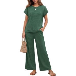 image:imageEkouaer Two Piece Sets for Women 2026 Travel Outfits Short Sleeve Top Wide Leg Pants Rib Tracksuits Summer Fashion Lounge SetForestgreen