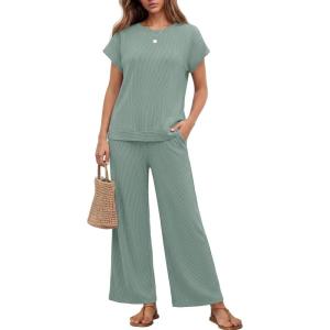 image:imageEkouaer Two Piece Sets for Women 2026 Travel Outfits Short Sleeve Top Wide Leg Pants Rib Tracksuits Summer Fashion Lounge SetGlacial Green