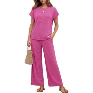 image:imageEkouaer Two Piece Sets for Women 2026 Travel Outfits Short Sleeve Top Wide Leg Pants Rib Tracksuits Summer Fashion Lounge SetHot Pink