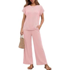image:imageEkouaer Two Piece Sets for Women 2026 Travel Outfits Short Sleeve Top Wide Leg Pants Rib Tracksuits Summer Fashion Lounge SetLight Pink