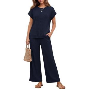 image:imageEkouaer Two Piece Sets for Women 2026 Travel Outfits Short Sleeve Top Wide Leg Pants Rib Tracksuits Summer Fashion Lounge SetNavy Blue