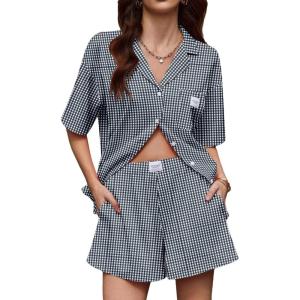 image:imageEkouaer Two Piece Sets for Women Summer Y2K Shirt and Shorts Beach Vacation Cruise Outfits Travel Sweatsuits Lounge SetBlack White Plaid