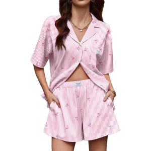 image:imageEkouaer Two Piece Sets for Women Summer Y2K Shirt and Shorts Beach Vacation Cruise Outfits Travel Sweatsuits Lounge SetPink Bow Tie Stripe