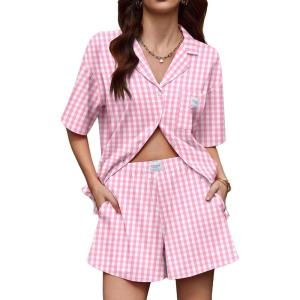 image:imageEkouaer Two Piece Sets for Women Summer Y2K Shirt and Shorts Beach Vacation Cruise Outfits Travel Sweatsuits Lounge SetPink White Plaid