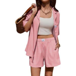 image:imageEkouaer Two Piece Sets for Women Summer Y2K Shirt and Shorts Beach Vacation Cruise Outfits Travel Sweatsuits Lounge SetRed White Plaid