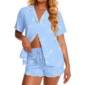 image:imageEkouaer Viscose from Bamboo Women Pajama Sets Button Up Cooling Pjs Short Sleeve Ruffle Sleepwear 2 Piece Lounge Shorts SetOcean Blue