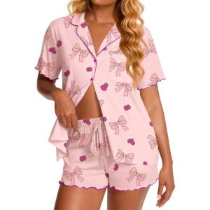 image:imageEkouaer Viscose from Bamboo Women Pajama Sets Button Up Cooling Pjs Short Sleeve Ruffle Sleepwear 2 Piece Lounge Shorts SetPink Bow