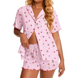 image:imageEkouaer Viscose from Bamboo Women Pajama Sets Button Up Cooling Pjs Short Sleeve Ruffle Sleepwear 2 Piece Lounge Shorts SetPink Cherry