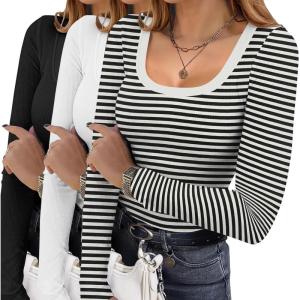 image:imageEkouaer Womens 3 Pack Long Sleeve Shirts Square Neck Basic Ribbed Tops Tee Thermal Undershirts XSXXLBlackWhiteBlack White Stripe