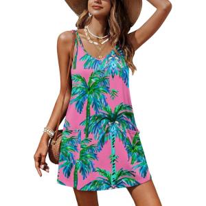 image:imageEkouaer Womens Bathing Suit Cover Up Sleeveless V Neck Swimsuit Coverups Summer Swimwear Beach Cover Ups with PocketsCoconut Tree Pink