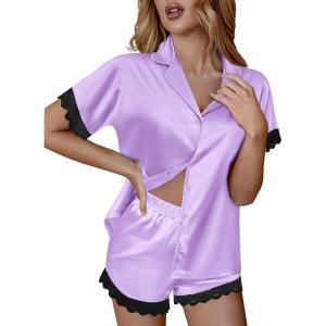 image:imageEkouaer Womens Lace Satin Pajama Set Button Down Pj Shorts Set Bridesmaids Getting Ready Outfits Casual Sleepwear XSXXLLight Purple