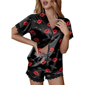 image:imageEkouaer Womens Lace Satin Pajama Set Button Down Pj Shorts Set Bridesmaids Getting Ready Outfits Casual Sleepwear XSXXLLove You Lips
