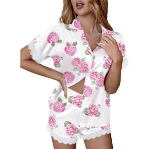 image:imageEkouaer Womens Lace Satin Pajama Set Button Down Pj Shorts Set Bridesmaids Getting Ready Outfits Casual Sleepwear XSXXLPink Hydrangea